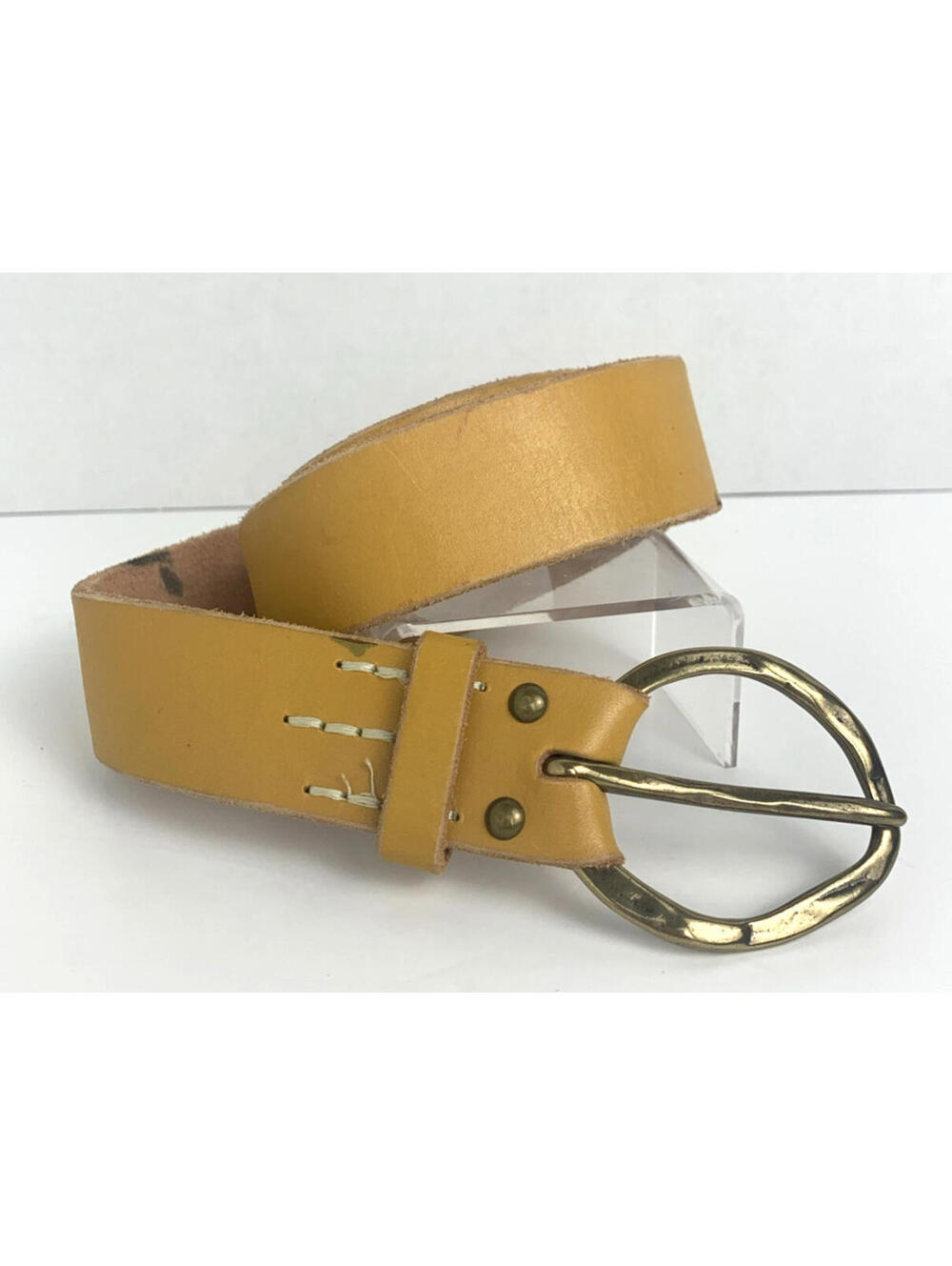 1937 Accessories Yellow Genuine Leather Belt Solid Brass Oval Buckle Size Small